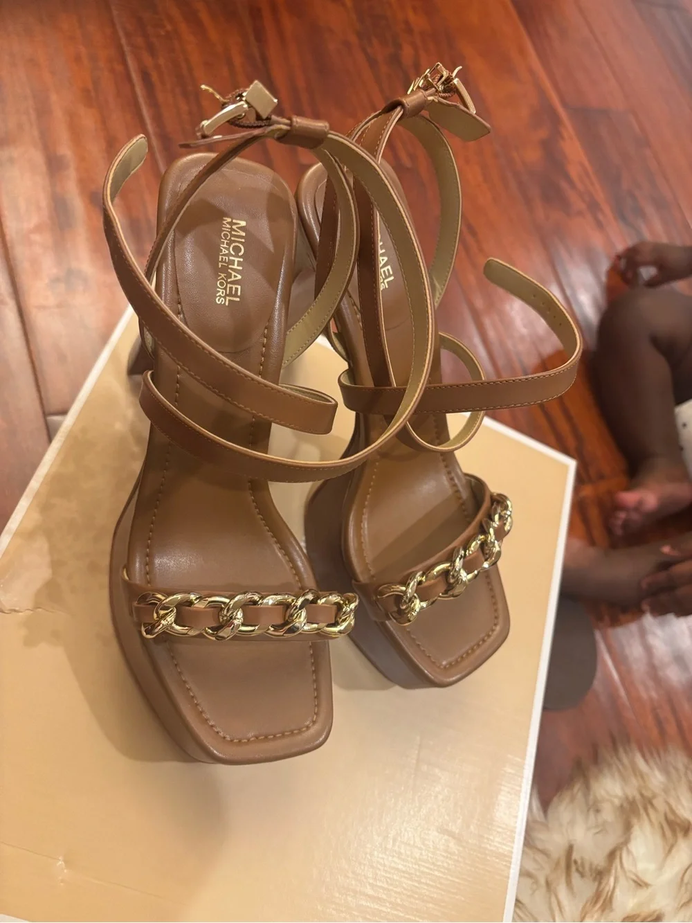 Michael Kors Brown Tan Platform High Heel Sandals with Gold Chain